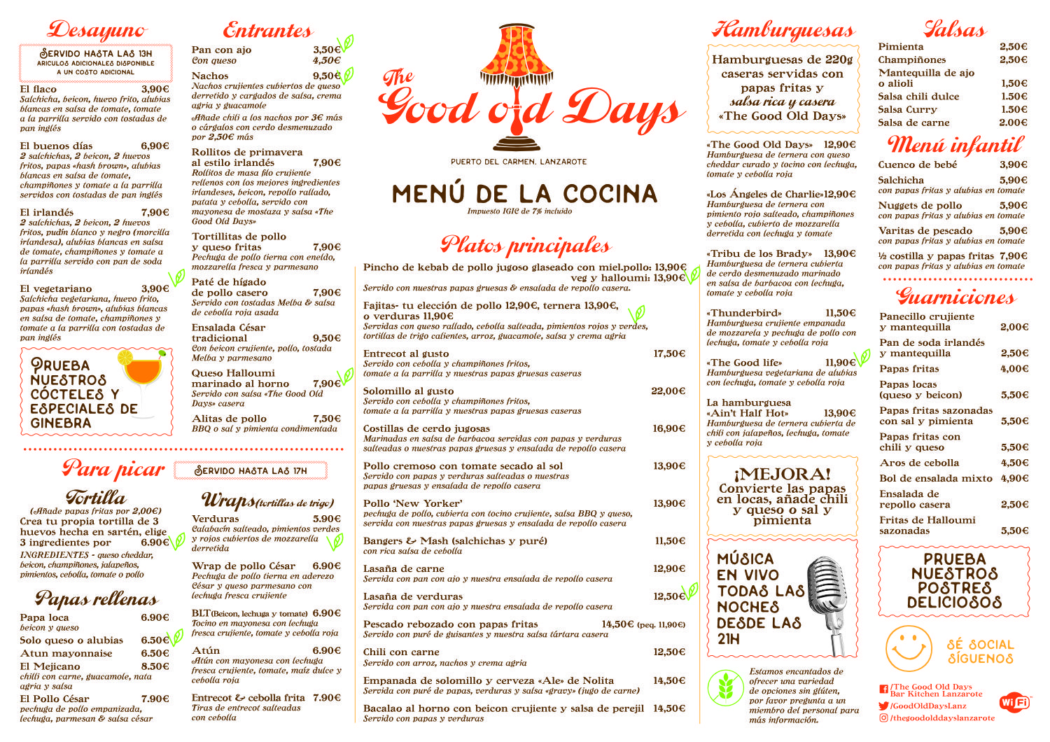 The Good Old Days Food Menu Spanish