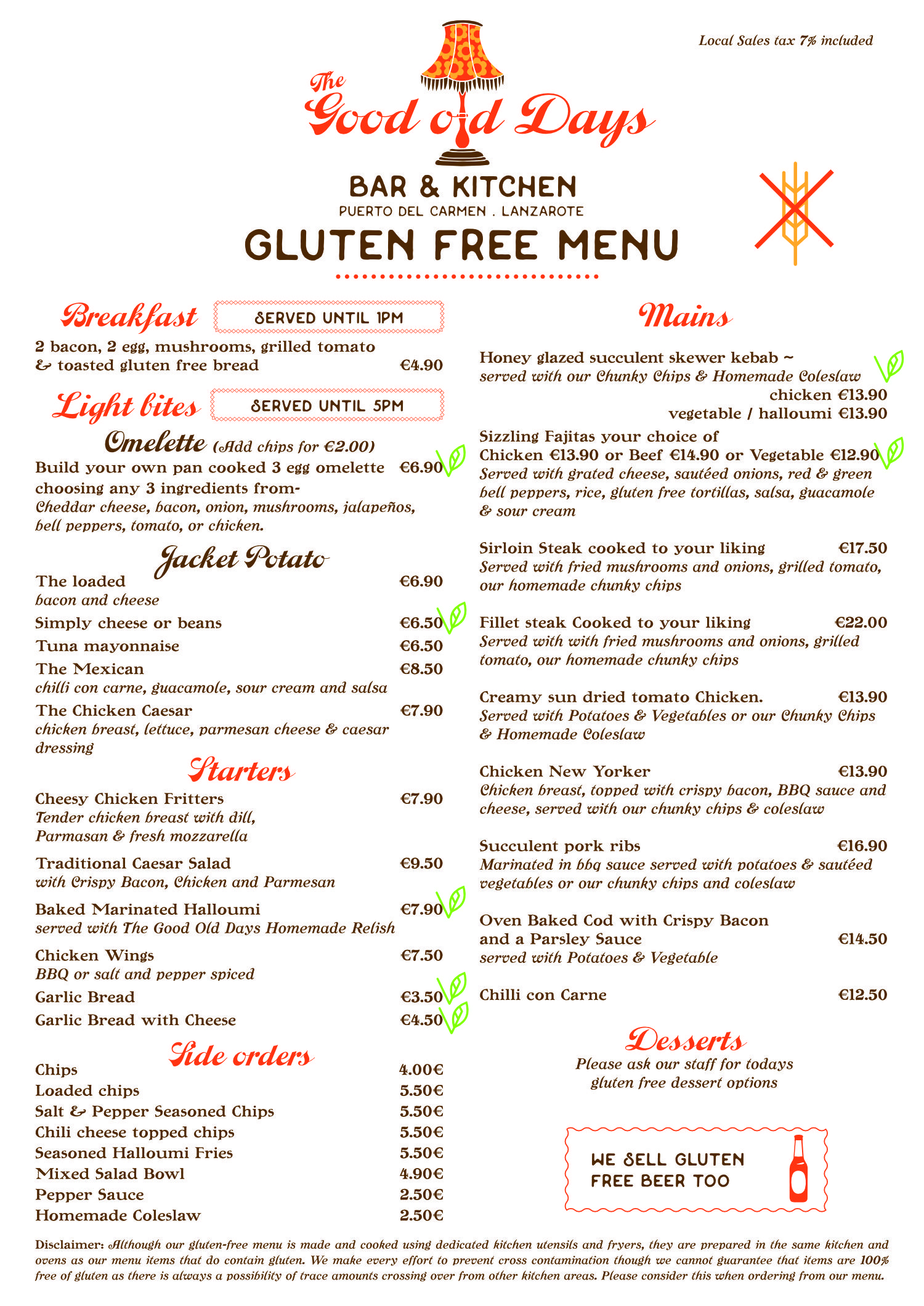 The Good Old Days Gluten Free Menu